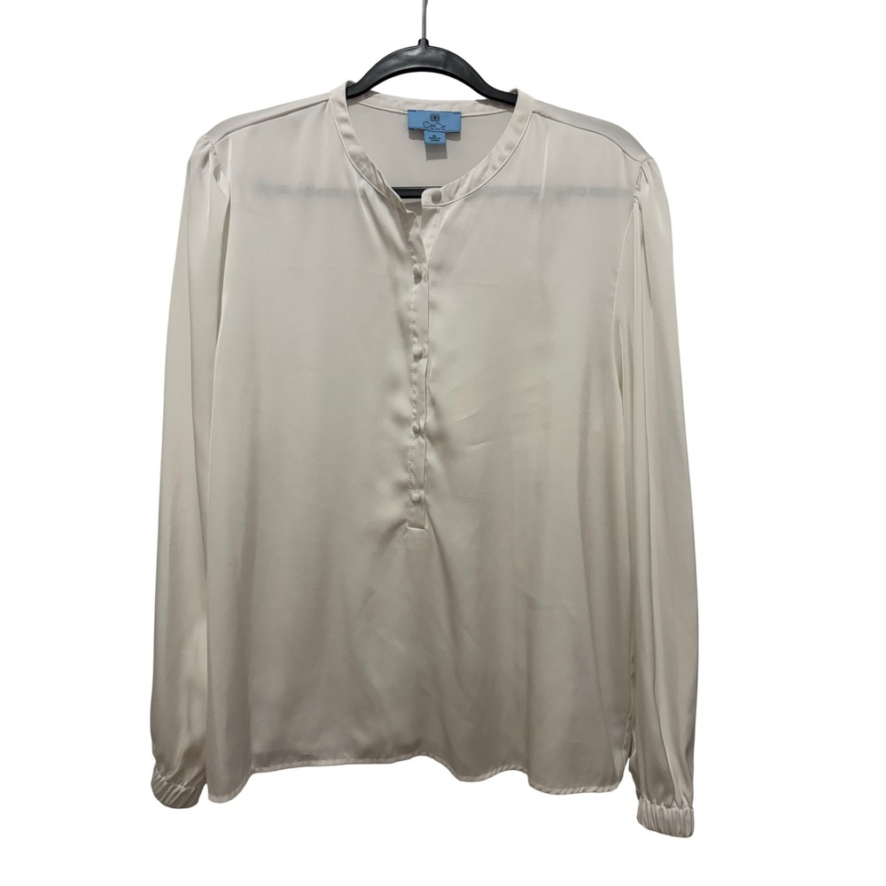 CeCe Women XL Ivory White Satin Band Collar Long Sleeve Button Front Blouse